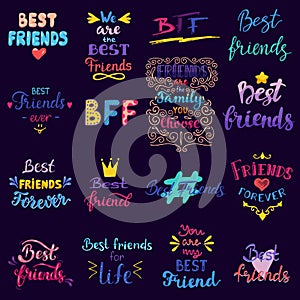 Friend lettering vector BFF friendship card typography and friendly calligraphy logotype best friend sign illustration photo