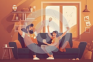 Friend people fans watching soccer match on tv vector illustration. Cartoon young woman man fan characters cheer for national
