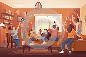 Friend people fans watching soccer match on tv vector illustration. Cartoon young woman man fan characters cheer for national