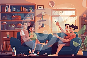 Friend people fans watching soccer match on tv vector illustration. Cartoon young woman man fan characters cheer for national