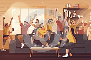 Friend people fans watching soccer match on tv vector illustration. Cartoon young woman man fan characters cheer for national