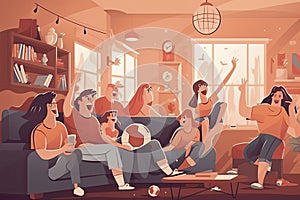 Friend people fans watching soccer match on tv vector illustration. Cartoon young woman man fan characters cheer for national