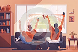 Friend people fans watching soccer match on tv vector illustration. Cartoon young woman man fan characters cheer for national