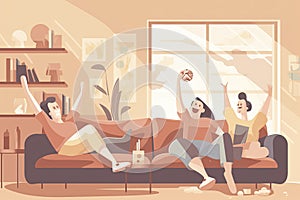 Friend people fans watching soccer match on tv vector illustration. Cartoon young woman man fan characters cheer for national