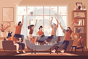 Friend people fans watching soccer match on tv vector illustration. Cartoon young woman man fan characters cheer for national