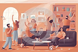 Friend people fans watching soccer match on tv vector illustration. Cartoon young woman man fan characters cheer for national