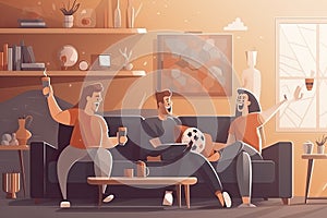 Friend people fans watching soccer match on tv vector illustration. Cartoon young woman man fan characters cheer for national