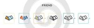 Friend vector icon in 6 different modern styles. Black, two colored friend icons designed in filled, outline, line and stroke