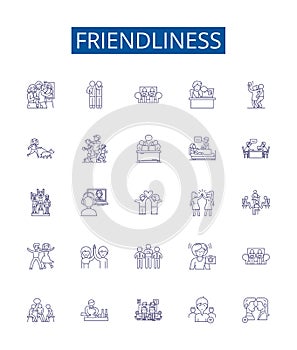 Friendliness line icons signs set. Design collection of Affability, Amiability, Approachability, Benevolence