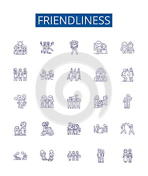 Friendliness line icons signs set. Design collection of Affability, Amiability, Approachability, Benevolence photo