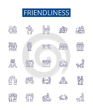 Friendliness line icons signs set. Design collection of Affability, Amiability, Approachability, Benevolence photo