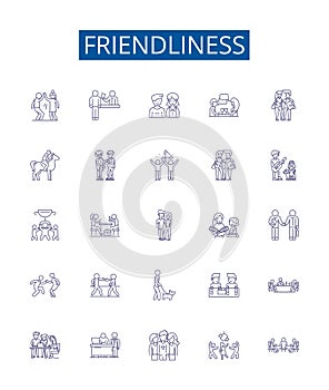 Friendliness line icons signs set. Design collection of Affability, Amiability, Approachability, Benevolence photo