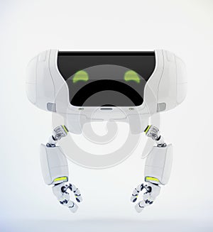 Friendly aerial robot toy with green eyes, 3d rendering