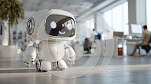 Friendly AI robot assistant in a bright collaborative workspace