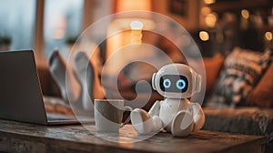 Friendly AI robot observing typing hands, reflecting human-machine teamwork, digital assistance, and advanced technology in