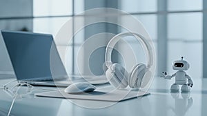 Friendly AI robot observing typing hands, reflecting human-machine teamwork, digital assistance, and advanced technology in