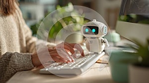 Friendly AI robot observing typing hands, reflecting human-machine teamwork, digital assistance, and advanced technology in