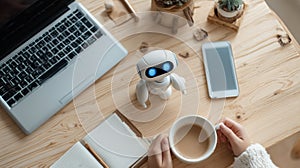 Friendly AI robot observing typing hands, reflecting human-machine teamwork, digital assistance, and advanced technology in