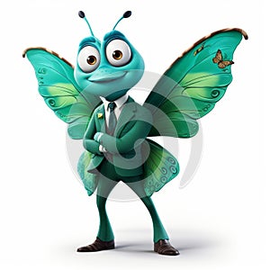 Friendly Anthropomorphic Butterfly In Green Turquoise Suit