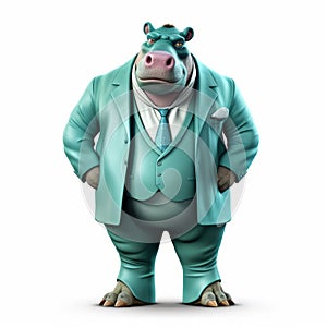 Friendly Anthropomorphic Hippopotamus In Turquoise Suit - Detailed Character Expression