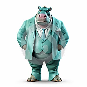 Friendly Anthropomorphic Hippopotamus In Turquoise Suit - Detailed Character Expression photo