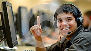 Friendly asian male customer service agent in multilingual call center hub with soft lighting