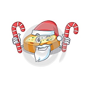 Friendly baked potatoes in Santa Cartoon character holds Christmas candies