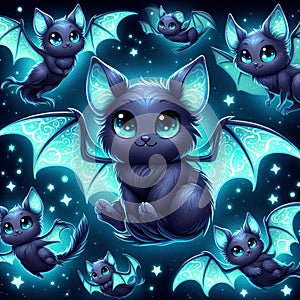 Friendly bats in bioluminescent, with expressive eyes and soft, velvety wings that whisper as they flutter, starry night, cartoon