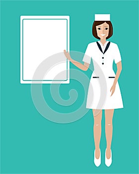 Friendly and beauty smiling woman doctor showing the board. Flat vector illustration isolated on blue. Medical template