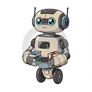 Friendly Beige and Blue Robot Holding Books