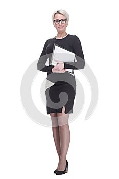 friendly business woman with clipboard looking at you .