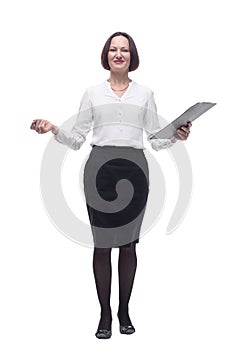 friendly business woman with clipboard looking at you .