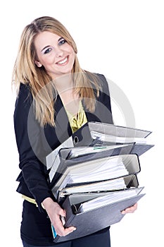 Friendly business woman drags folder