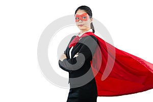 Friendly businesswoman dressed as superhero