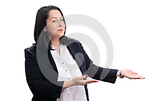 Friendly businesswoman presenting blank copyspace using hands