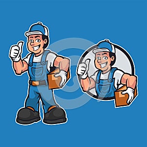 Friendly carpenter is dressed in work clothes and carrying a wooden while giving a thumbs up isolated on blue background. Mascot