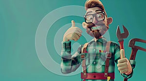 Friendly cartoon mechanic giving a thumbs up, holding a wrench, isolated on blue background. perfect for tool ads