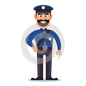 Friendly cartoon police officer smiling, standing confidently. Policeman uniform, badge visible photo