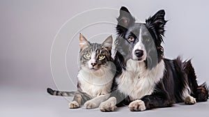 Friendly cat and dog sitting together in a studio. Simple portrait of pet companionship. Perfect for family and pet