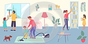 Friendly cheerful family together clean room house, character cleanup living hall flat vector illustration, big happy