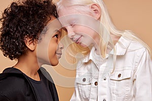 Friendly children, tender african and albino kids