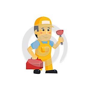 Friendly construction worker man with tools, vector