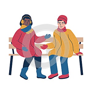 Friendly conversation between two people during the winter time. Isolated vector illustration.