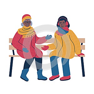 Friendly conversation between two people during the winter time. Isolated vector illustration.