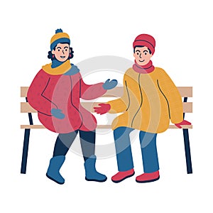 Friendly conversation between two people during the winter time. Isolated vector illustration.