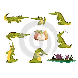 Friendly crocodile in different poses set, funny predator cartoon character, roc daily activities vector Illustration