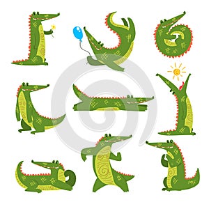 Friendly crocodile in different poses set, funny predator cartoon character vector Illustration on a white background