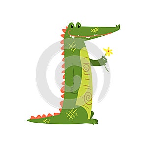 Friendly crocodile standing with flower, funny predator cartoon character vector Illustration on a white background