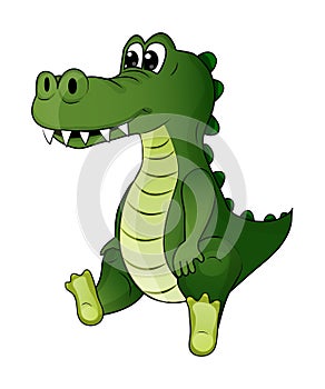 Friendly cute cartoon green alligator, funny wild animal, isolated on white background.