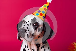 Friendly and cute Dalmatian wearing a birthday party hat in studio, on a vibrant, colorful background. Generative AI